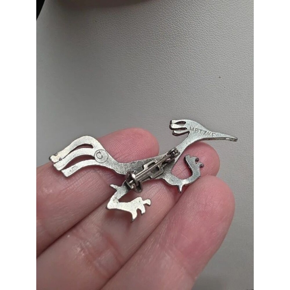 Vintage Signed Metzke Pewter Stylized Roadrunner Bird Pin Brooch - Picture 5 of 5